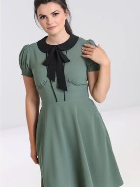 Hell Bunny Sage Green Midi Dress with Black Peter Pan Collar